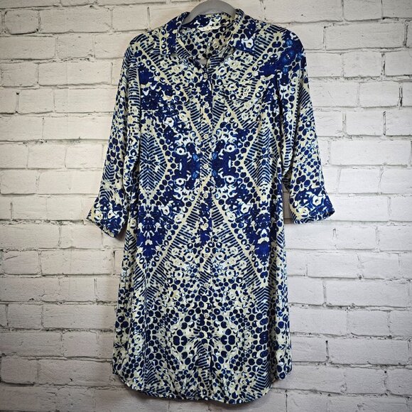 WOMENS CABI SHIRT DRESS BUTTON FRONT NAVY CREAM PATTERN LONG SLEEVE SIZE SMALL - Picture 1 of 8